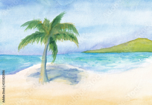 A sunny day  a turquoise sea  white sand  a palm tree casting a shadow on the sand are painted with watercolors  and a green mountain surrounding the bay is visible in the distance. Watercolor drawing