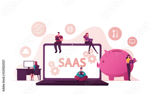 Saas Software as a Service Cloud Application Access Internet Subscription Basis Centrally Hosted on-demand Software. Tiny Characters on Huge Laptop, Piggy Bank. Cartoon People Vector Illustration