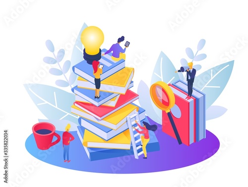 Business teamwork idea vector illustration. Cartoon tiny people climbing up on top book ladder, flat team employee characters work, solving problem. Business achievement concept icon isolated on white