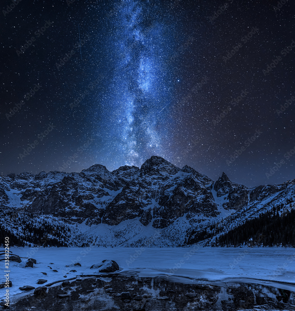 Milky way over Morskie Oko mountain lake in winter Milky way over Morskie Oko mountain lake in winter