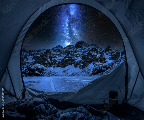 Fototapeta Naklejka Na Ścianę i Meble -  View from tent to Morskie Oko at night in winter