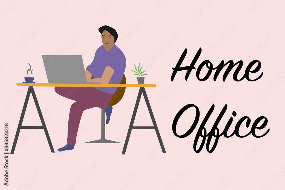 Home office work from home, illustration of man working on laptop computer vector stylish coworking example Home office work from home, illustration of man working on laptop computer vector stylish coworking example