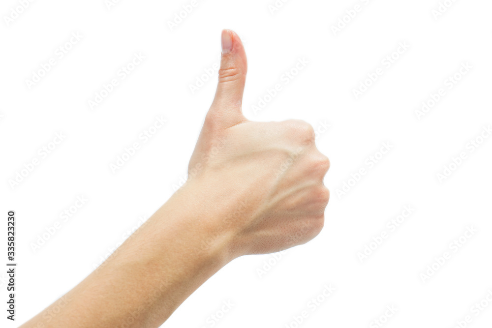 Top view: female hand with clean healthy skin on a white isolated background showing gestures