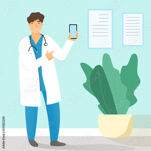 Cartoon vector doctor in uniform with a smartphone in his hand. Online medical consultation. Health insurance