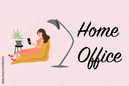 Home office work from home, illustration of lying woman and working on tablet or phone vector stylish coworking example
