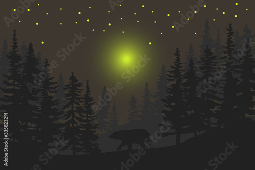 Bear in the night forest under the stars.