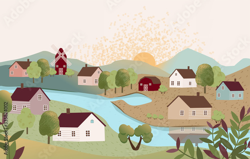 Countryside landscape, farmhouse with trees, river, lake, grass, meadows, mountains, sun. Farm in the countryside. Life in country. Sunny summer day in the village. Flat cartoon vector illustration.