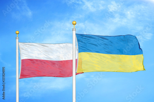 Poland and Ukraine two flags on flagpoles and blue cloudy sky