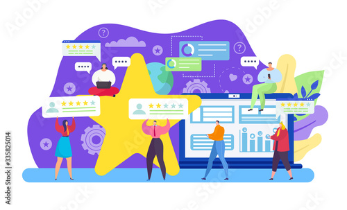 Customer feedback vector illustration. Cartoon tiny people holding rating stars review in comment feed, flat man woman client character give feedback. Online survey service concept isolated on white