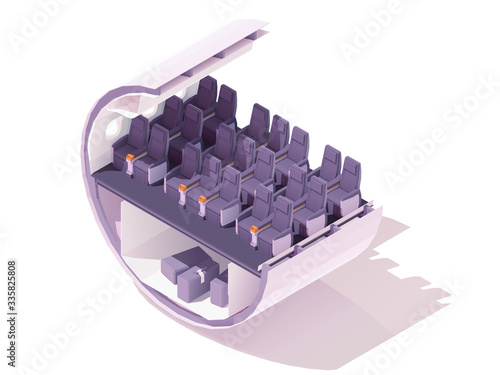 Vector isometric premium economy class airplane seats. Passenger airplane cabin or salon cross section. Premium economy class airline seats and cargo hold with baggage