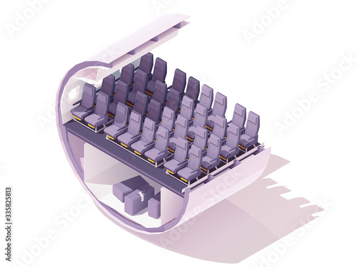 Vector isometric economy class airplane seats. Passenger airplane cabin or salon cross section. Economy class airline seats and cargo hold with baggage