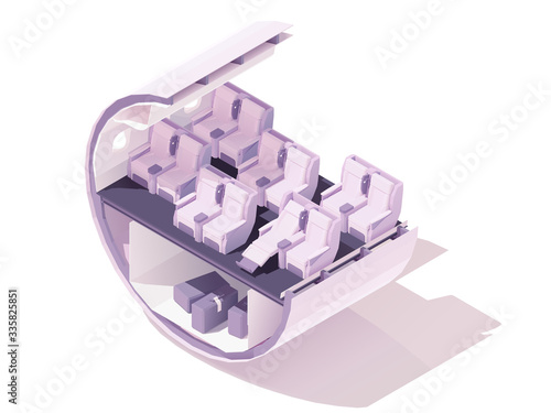 Vector isometric business class airplane seats. Passenger airplane cabin or salon cross section. Business class airline seats and cargo hold with baggage