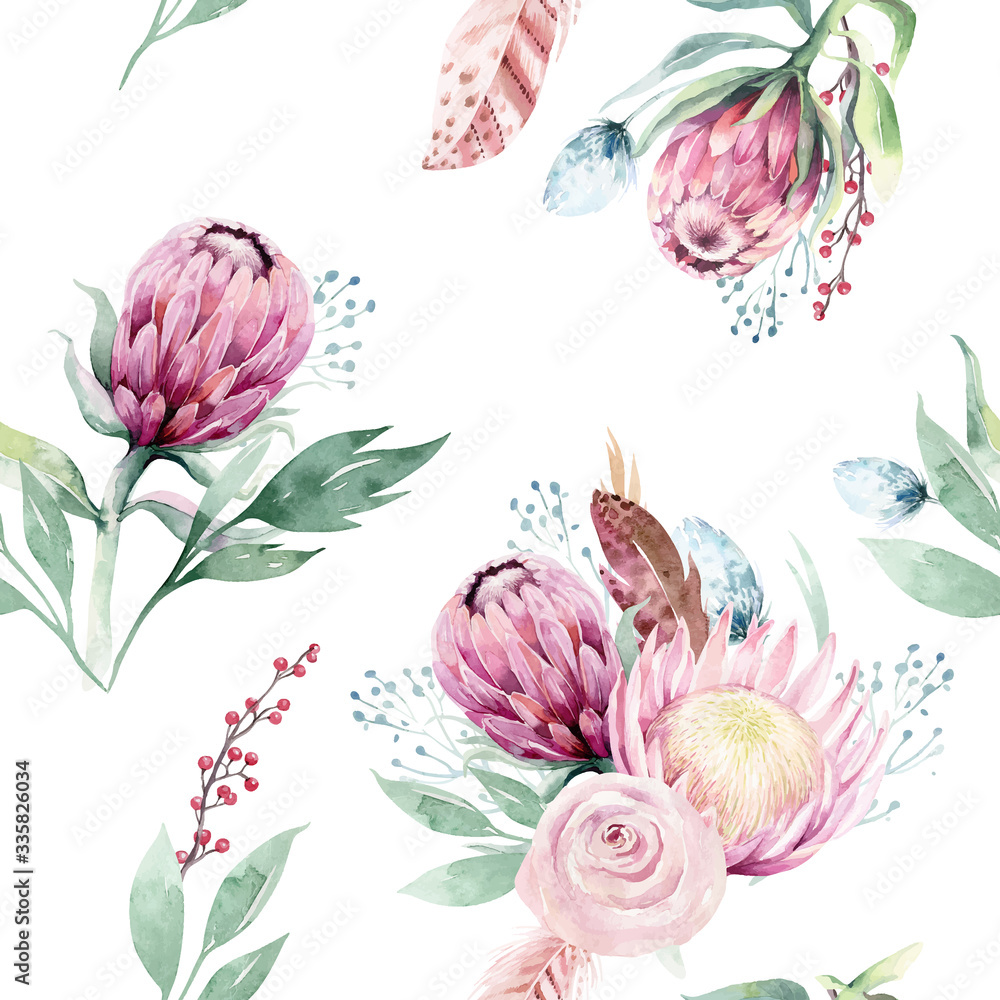 Watercolor protea seamless pattern. tropical leaves background. Textile texture. Hand drawn illustration - obrazy, fototapety, plakaty 