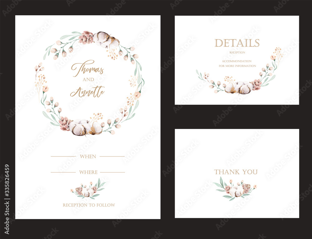 Vector set of invitation cards with watercolor flower protea and gold elements. Wedding bouquet collection