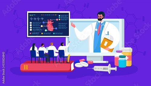 Medical online seminar vector illustration. Cartoon flat tiny doctor people on training distance conference or course, student medic characters learning cardiology. Education in medicine technology