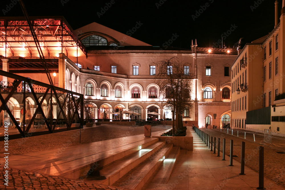 Rossio station in the night, Lisbon, Portugal