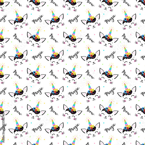 Cute Unicorn Cat Head with Floral Wreath and Lettering Seamless Pattern for Kids. Magic Caticorn, Kittycorn Nursery Wallpaper. Magical Kitten Face with Flower Unicorn Horn and Funny Hair Bangs
