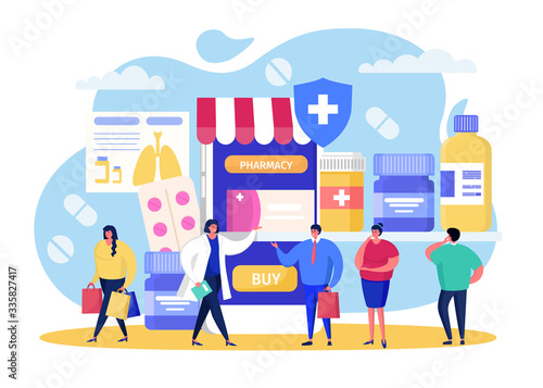 Buy in online pharmacy vector illustration. Cartoon flat tiny people buying pills in drugstore, using smartphone app, pharmacist character advising aid. Healthcare mobile medicine isolated on white