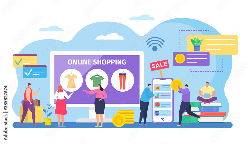 People shopping online vector illustration. Cartoon tiny shoppers characters buying clothes on internet sale in mobile shop app, flat buyers paying for purchases. Discount concept isolated on white