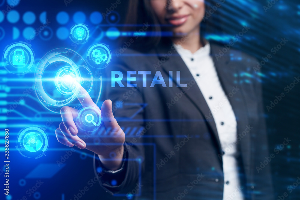 Obraz premium Business, Technology, Internet and network concept. Young businessman working on a virtual screen of the future and sees the inscription: Retail