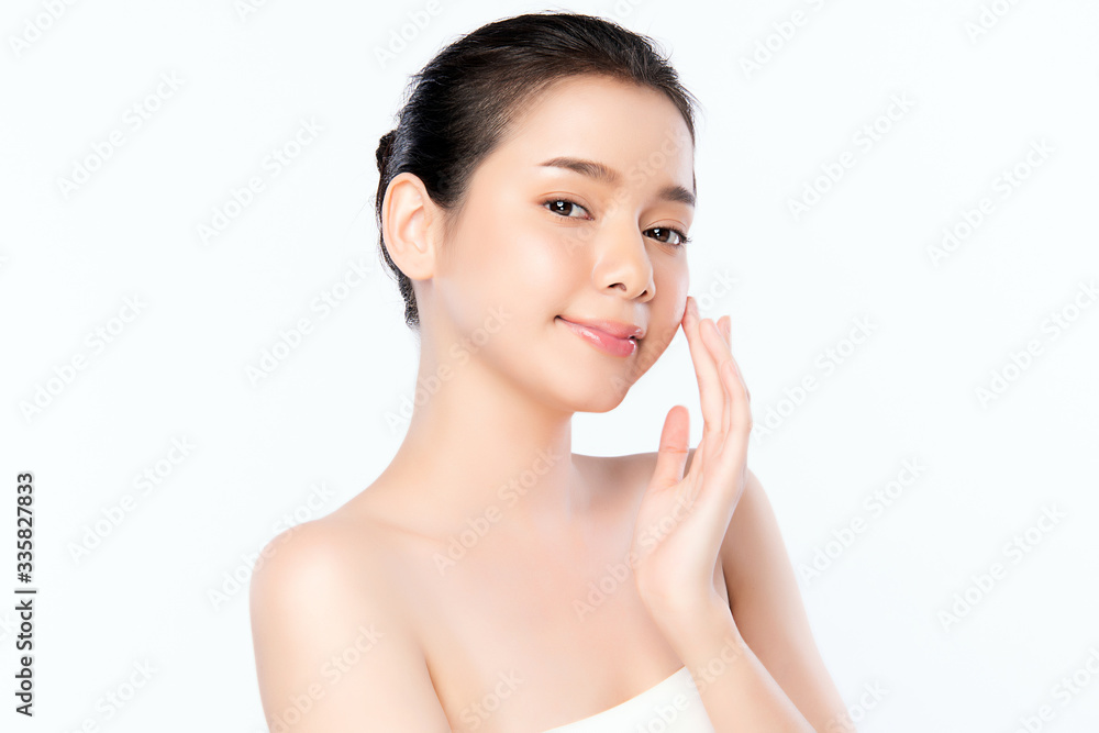 Beautiful Young Asian Woman with Clean Fresh Skin. Face care, Facial treatment, Cosmetology, beauty and healthy skin and cosmetic concept, woman beauty skin isolated on white background Beautiful Young Asian Woman with Clean Fresh Skin. Face care, Facial treatment, Cosmetology, beauty and healthy skin and cosmetic concept, woman beauty skin isolated on white background