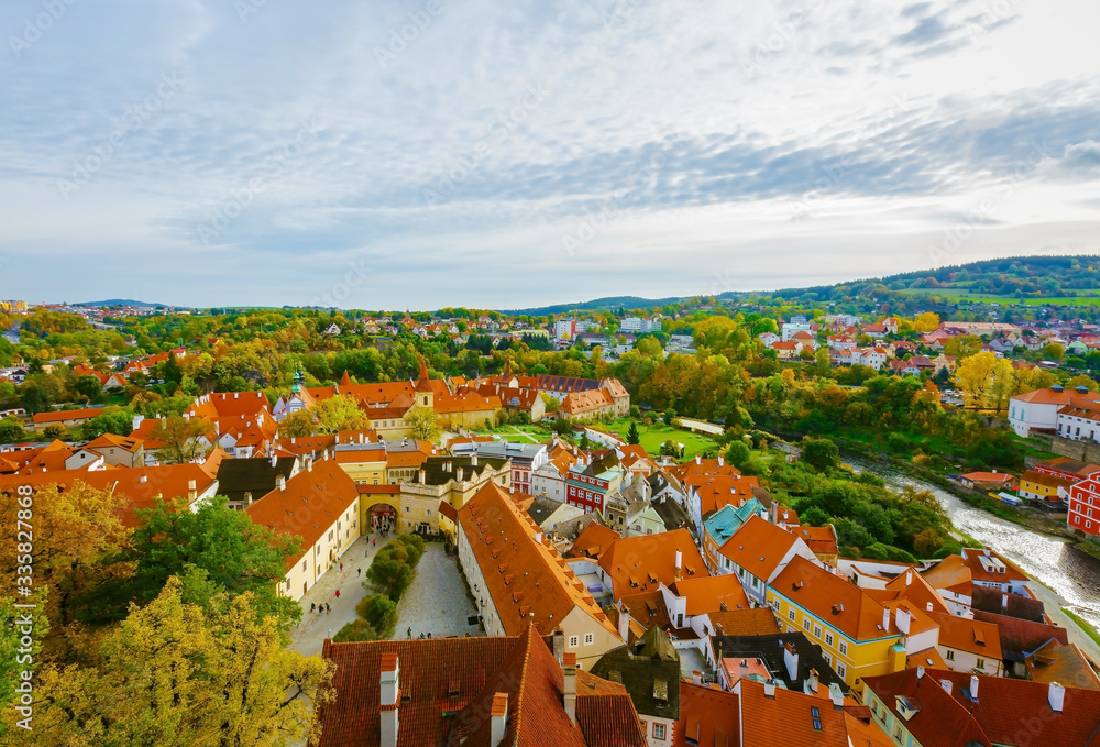 Panorama of the old town Cesky Krumlov in autumn