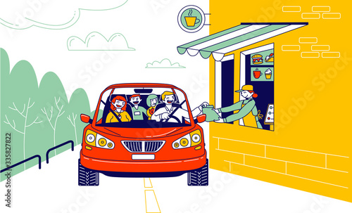 Convenient Payment from Car, Drive Thru System. Characters Pay for Takeaway Food Service with Credit Card Pos Terminal. Customer Purchase Goods without Leaving Auto. Linear People Vector Illustration