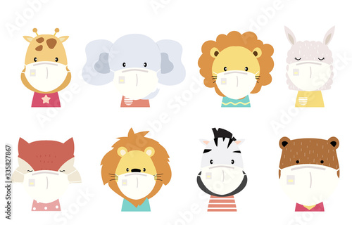 Cute animal object collection with lion fox zebra tiger elephant llama wear mask.Vector illustration for prevention the spread of bacteria coronviruses