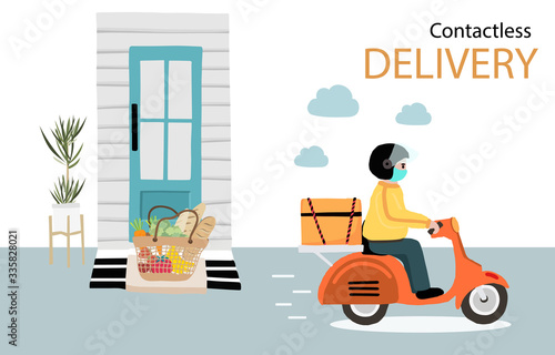 Online delivery contactless service to home,office by bicycle,motorcycle. delivery man is waring mark to prevent coronavirus