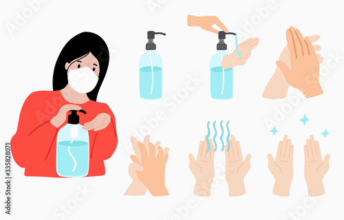 How to wash your hand step by step to prevent the spread of bacteria, coronavirus.Vector illustration for poster.Editable element