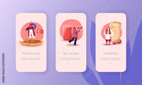 Turkish Food Mobile App Page Onboard Screen Template. Tiny People Characters Culinary Workshop Cooking Tutorial, Restaurant or Bistro Menu, Eastern Cuisine Tourism Concept. Cartoon Vector Illustration