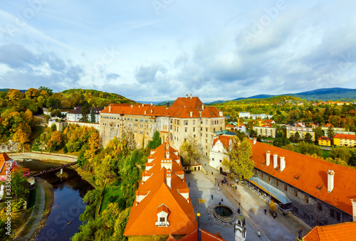 Panorama of the old town Cesky Krumlov in autumn