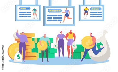 Sports betting vector illustration. Cartoon tiny people bet sportive soccer competition, flat character holding money coin at big screen with player score. Bookmaker business concept isolated on white