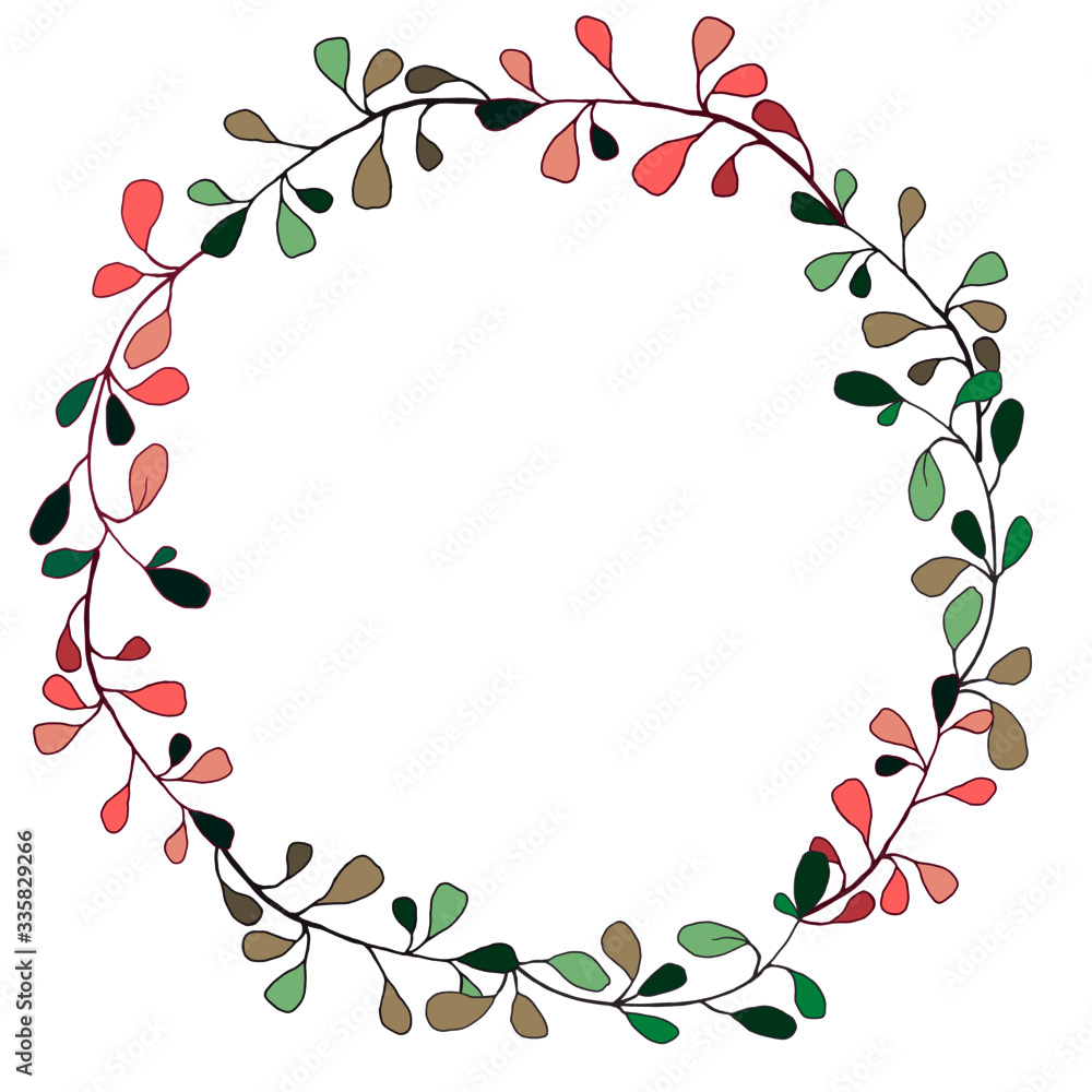 Fototapeta premium round frame with floral ornament, vector illustration, isolate on a white background, for the design of greetings and cards, branches with leaves