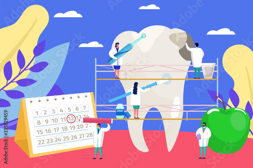 Dental care vector illustration. Cartoon flat tiny doctors people at work, dentist checkup examination for tooth problems. Timely clinic treatment, healthcare, stomatology dentistry concept background