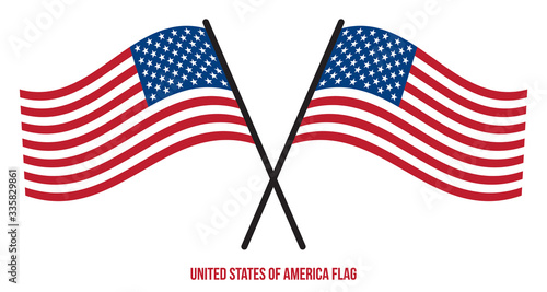 Two Crossed Waving United States Flag On Isolated White Background.