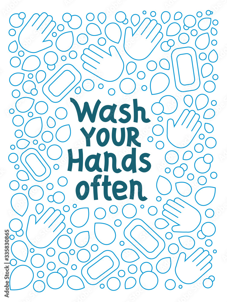 wash your hands often. soap bubble doodle lettering vector. hand drawn illustration. Poster, sticker, badge