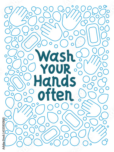 wash your hands often. soap bubble doodle lettering vector. hand drawn illustration. Poster, sticker, badge