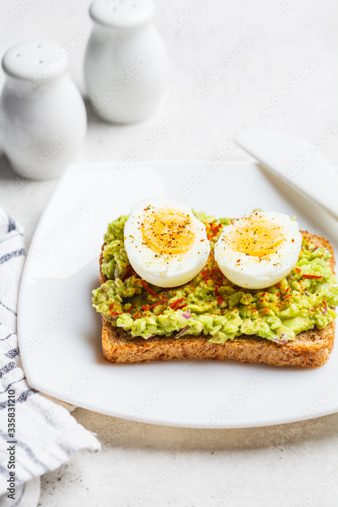 Breakfast avocado toast with egg on a white plate. Breakfast avocado toast with egg on a white plate.