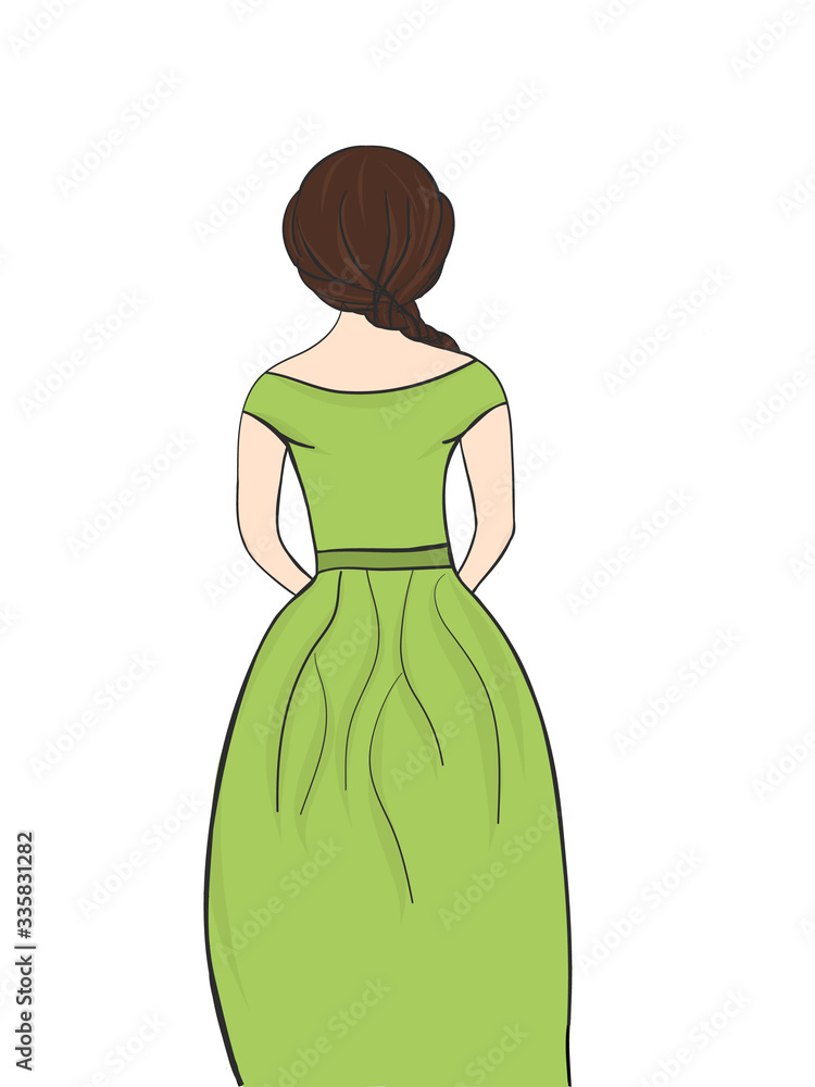 girl in green dress. Back view. Vector illustration isolated on white ...
