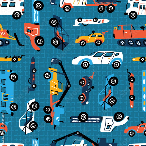 Vector Seamless Pattern with Doodle Different Toy Cars: Racing Car, Heavy Construction Trucks. Cartoon Transportation Blue Background for Kids
