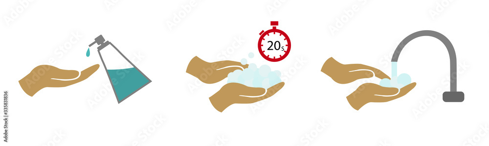 
Hand washing procedure, guideline corona virus hygiene vector icon set color, soap, timer, faucet icons