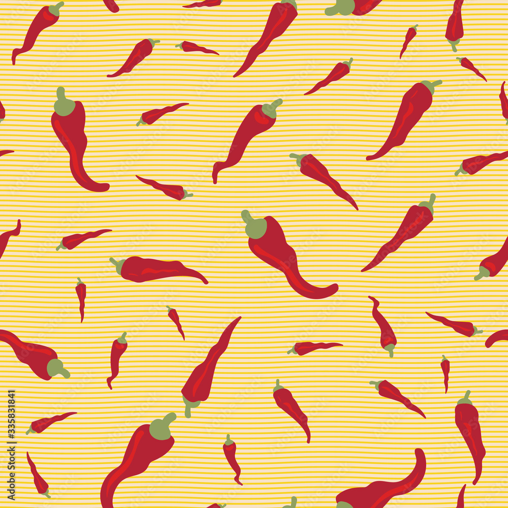 Red chilli peppers seamless vector pattern on a yellow background. Spicy cooking ingredient surface print design. For fabrics, stationery and packaging. Red chilli peppers seamless vector pattern on a yellow background. Spicy cooking ingredient surface print design. For fabrics, stationery and packaging.