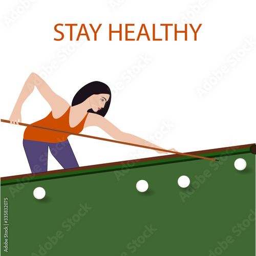 Woman playing billiards - vector. Stay healthy. Quarantine. Self-isolation. Mental health.