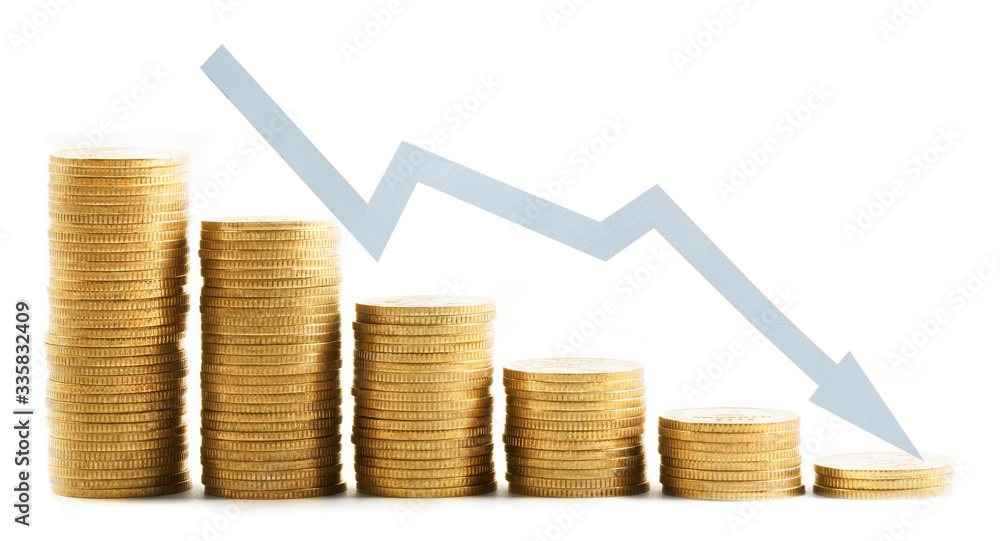 Decreasing graph and coin stacks, isolated on white background Decreasing graph and coin stacks, isolated on white background