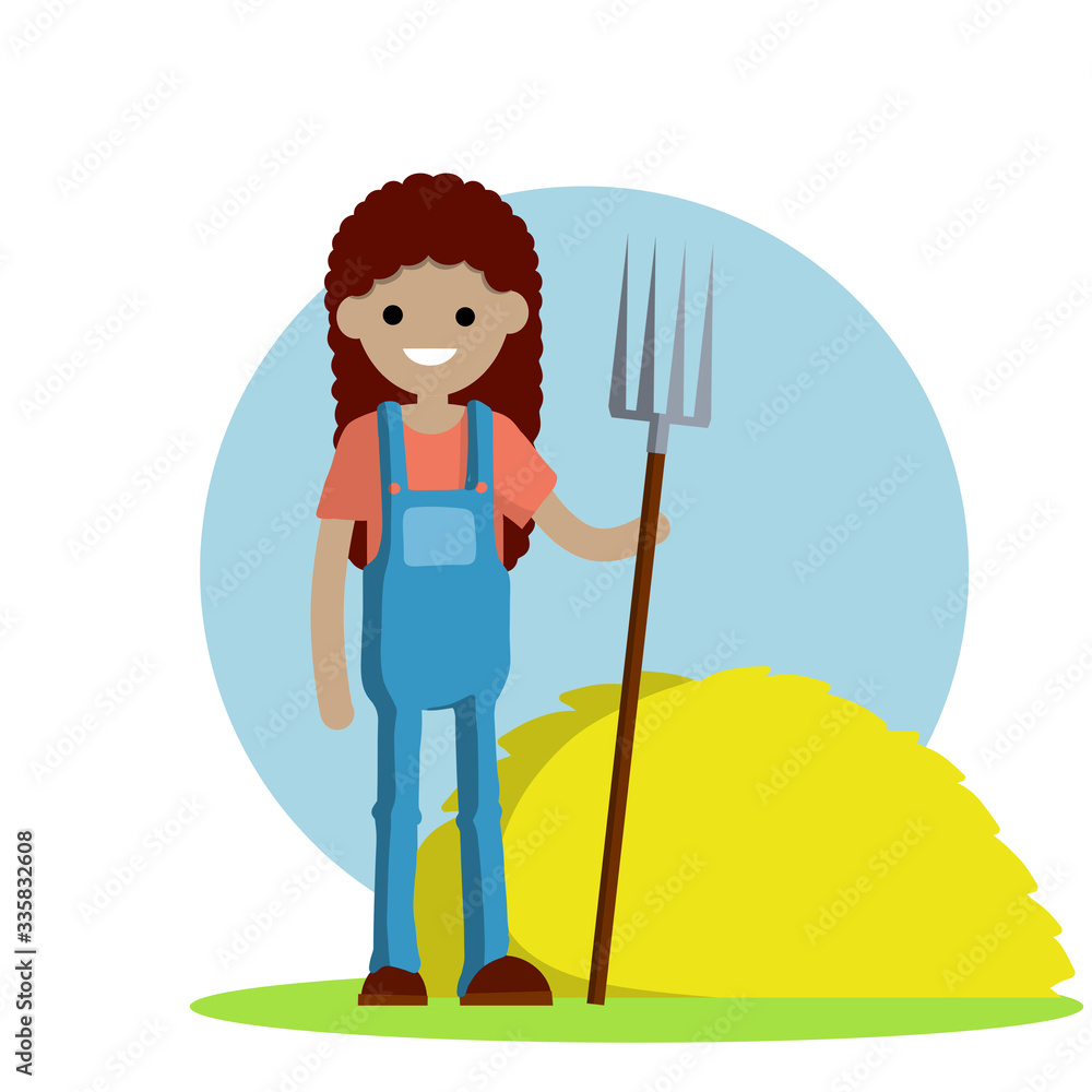 Farmer in blue jumpsuit and hat with fork in hands. Yellow haystack. Kind of profession. Rural woman. Rustic girl. Cartoon flat illustration. Production of natural food. Village character Farmer in blue jumpsuit and hat with fork in hands. Yellow haystack. Kind of profession. Rural woman. Rustic girl. Cartoon flat illustration. Production of natural food. Village character