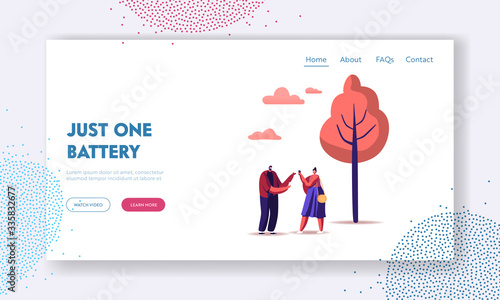 People with Mobiles Landing Page Template. Characters with Smartphone Communicating on Street. Addiction to Social Network and Telephone Technology, Low Battery Indication. Cartoon Vector Illustration