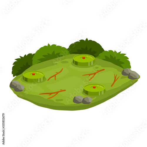 Minefield. Green lawn with bombs. Set of mines on ground. Rocks and grass. Modern warfare landscape. Explosive element of war. Cartoon flat illustration