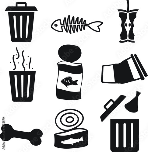 Litter, trash, garbage vector icon set, trash can, fish bone, eaten apple, bones, crashed can