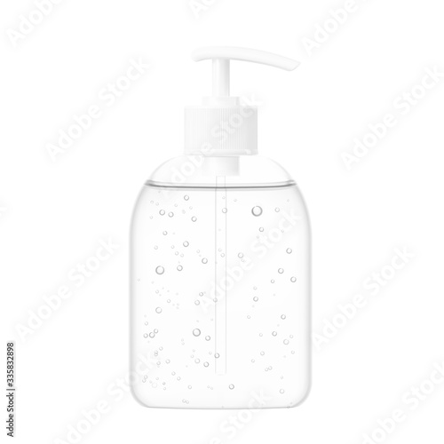 Antibacterial hand sanitizer with dispenser. Realistic vector illustration isolated on white background. Ready for use in your design. EPS10.
